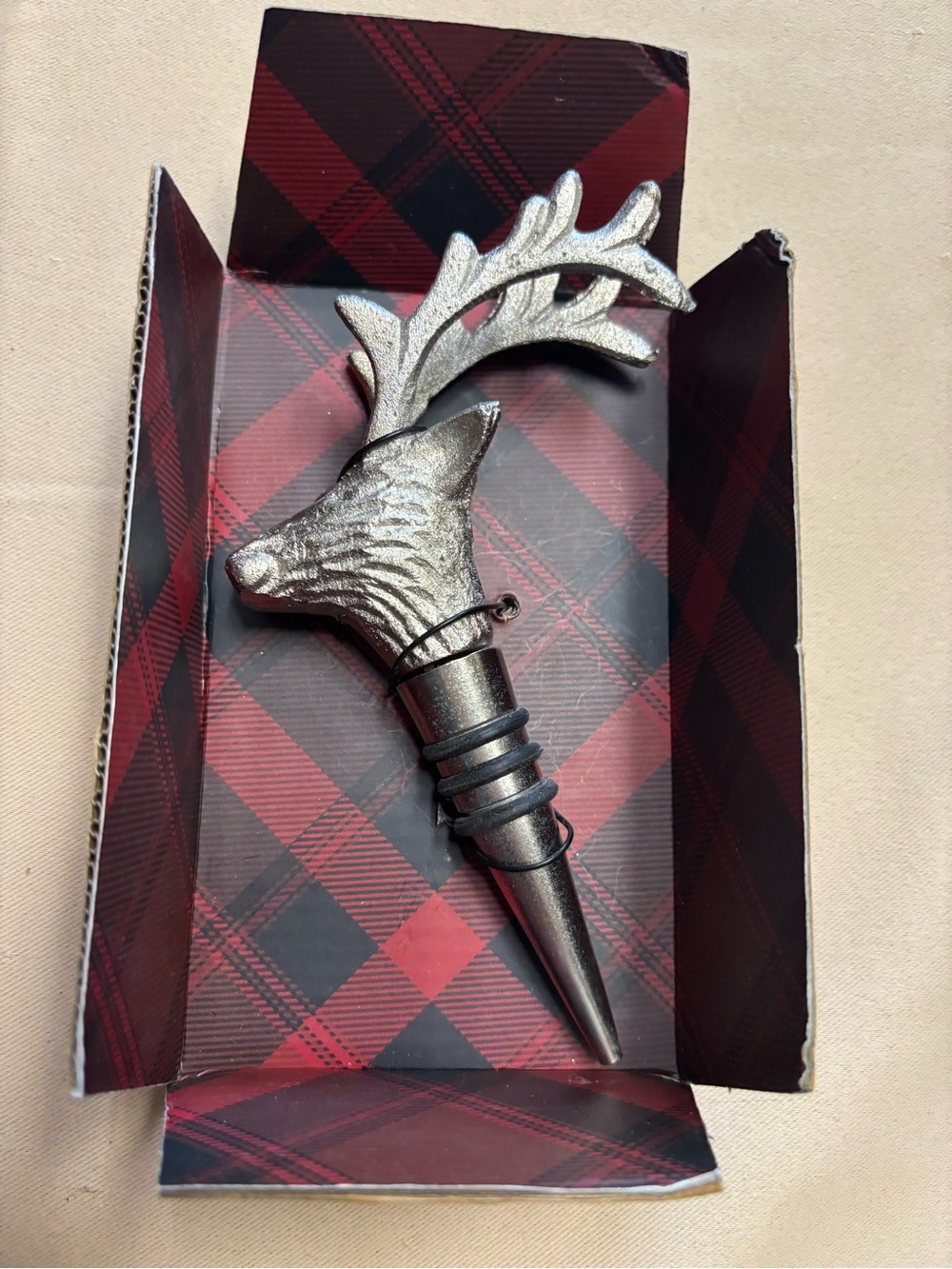 NEW Open Box Stag Elk Deer Bottle Wine Stopper Holiday Christmas Silver READ